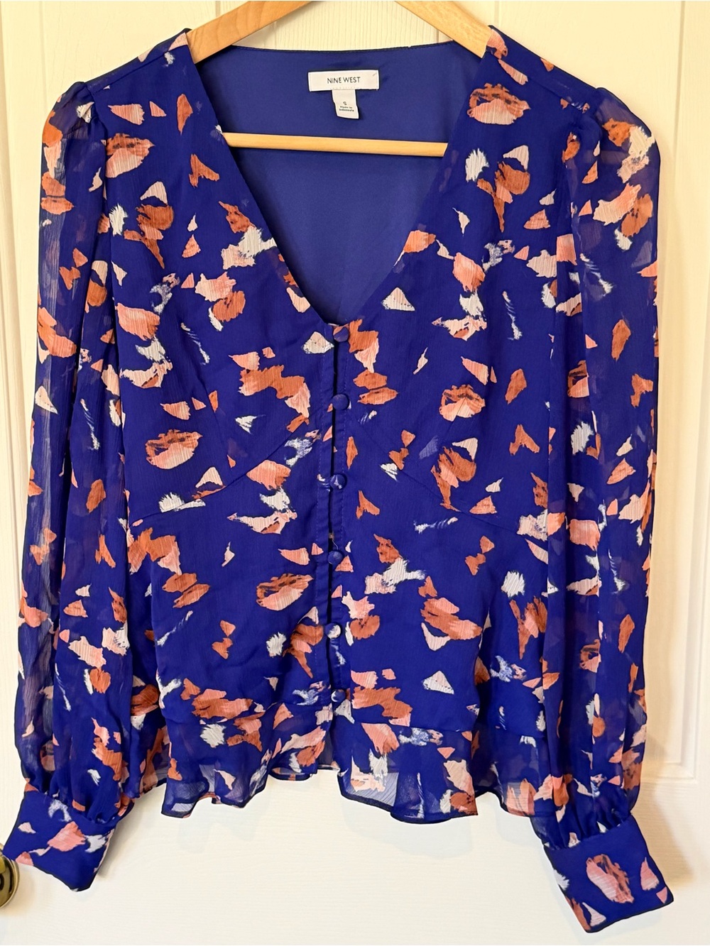 Nine West Royal Blue Sheer Floral V-Neck Blouse